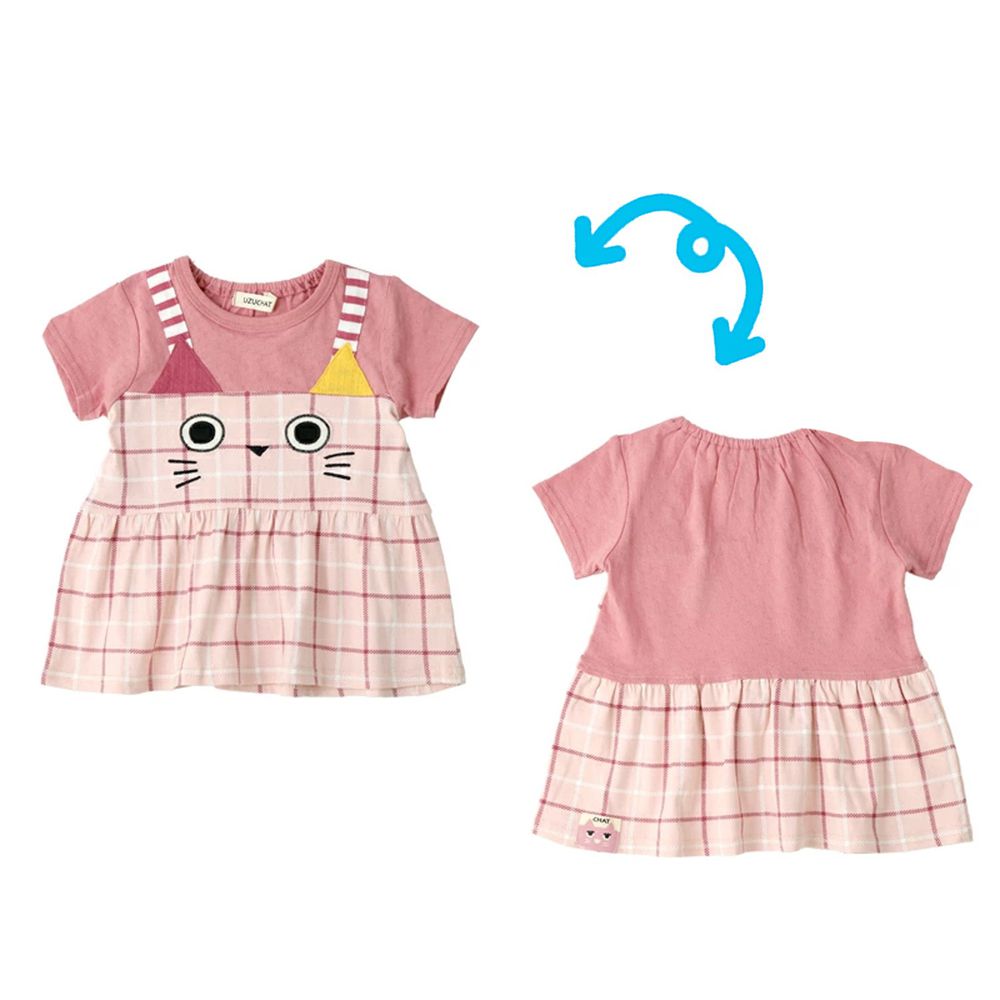 日本 ZOOLAND - 拼接短T-假兩件小貓吊帶格子裙-粉紅