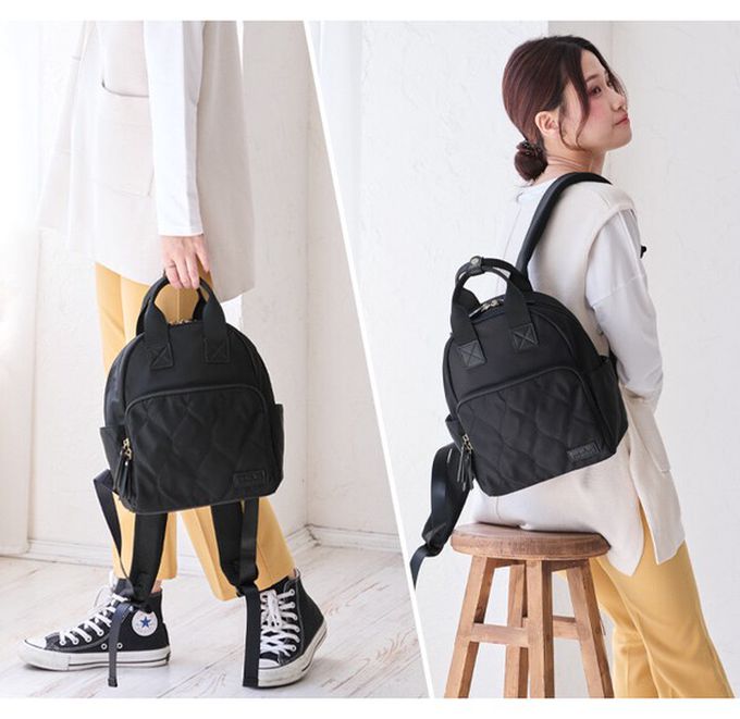 日本 LIZDAYS - 6口袋輕量絎縫時尚小巧後背包-綠x黑