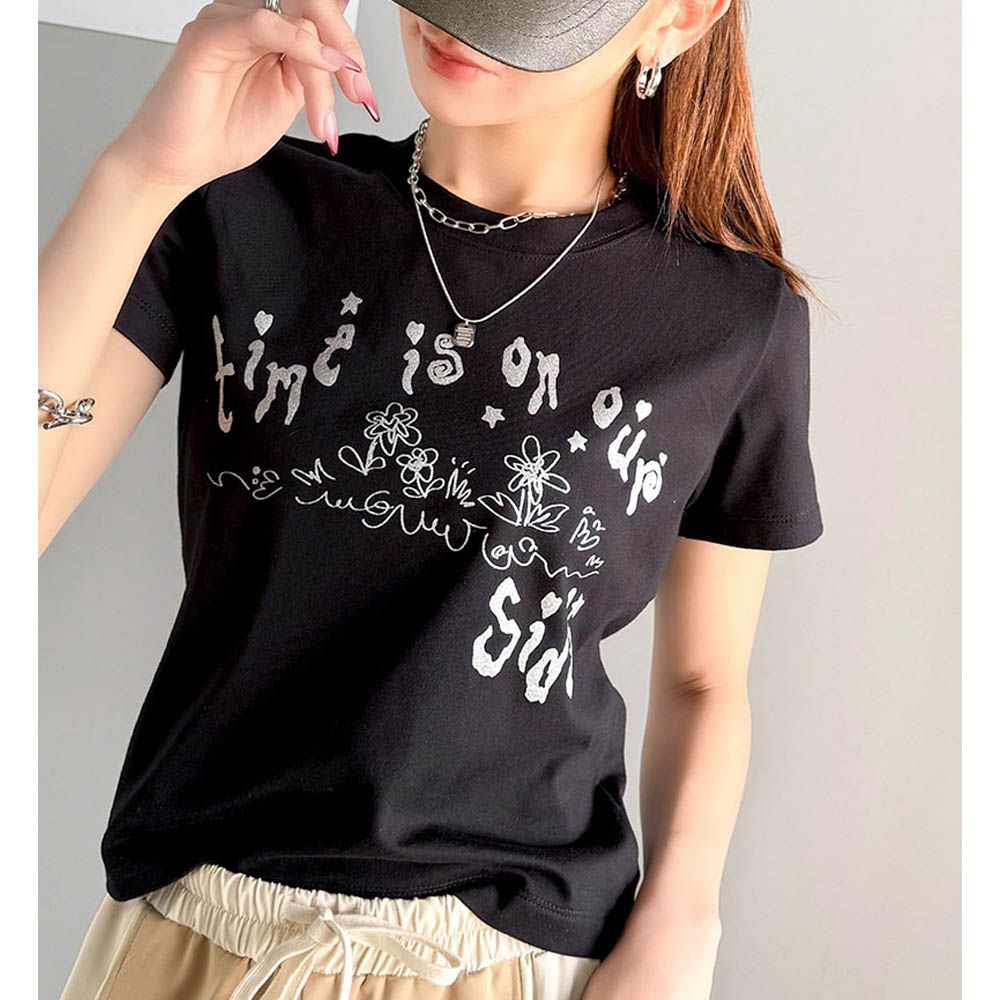 mily bilet 燙銀俏麗印花短袖上衣-黑