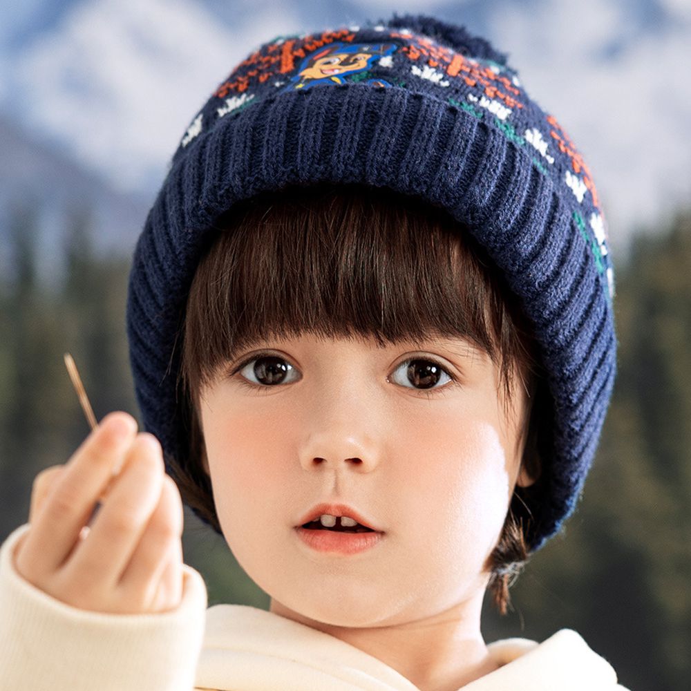 卡通汪汪隊保暖加絨毛球針織帽-卡通人物阿奇-藏青