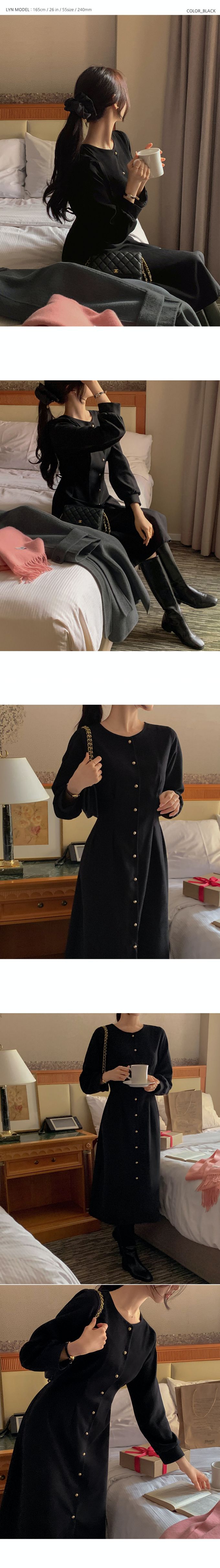 韓國女裝代購 - 霧面質感金釦點綴修飾連身洋裝-乾燥玫瑰粉 (FREE)