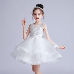 蕾絲網紗無袖澎澎紗裙-亮片小花-白色