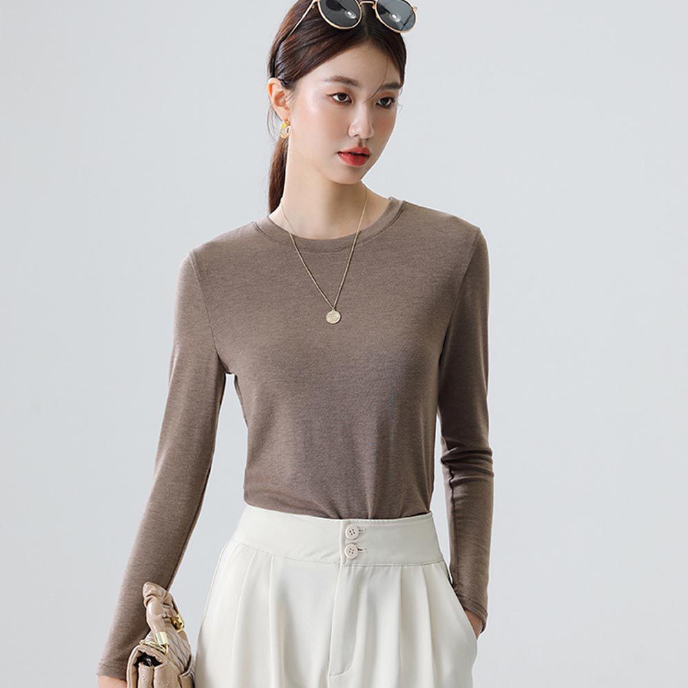 加絨針織圓領上衣-咖啡色 (F)