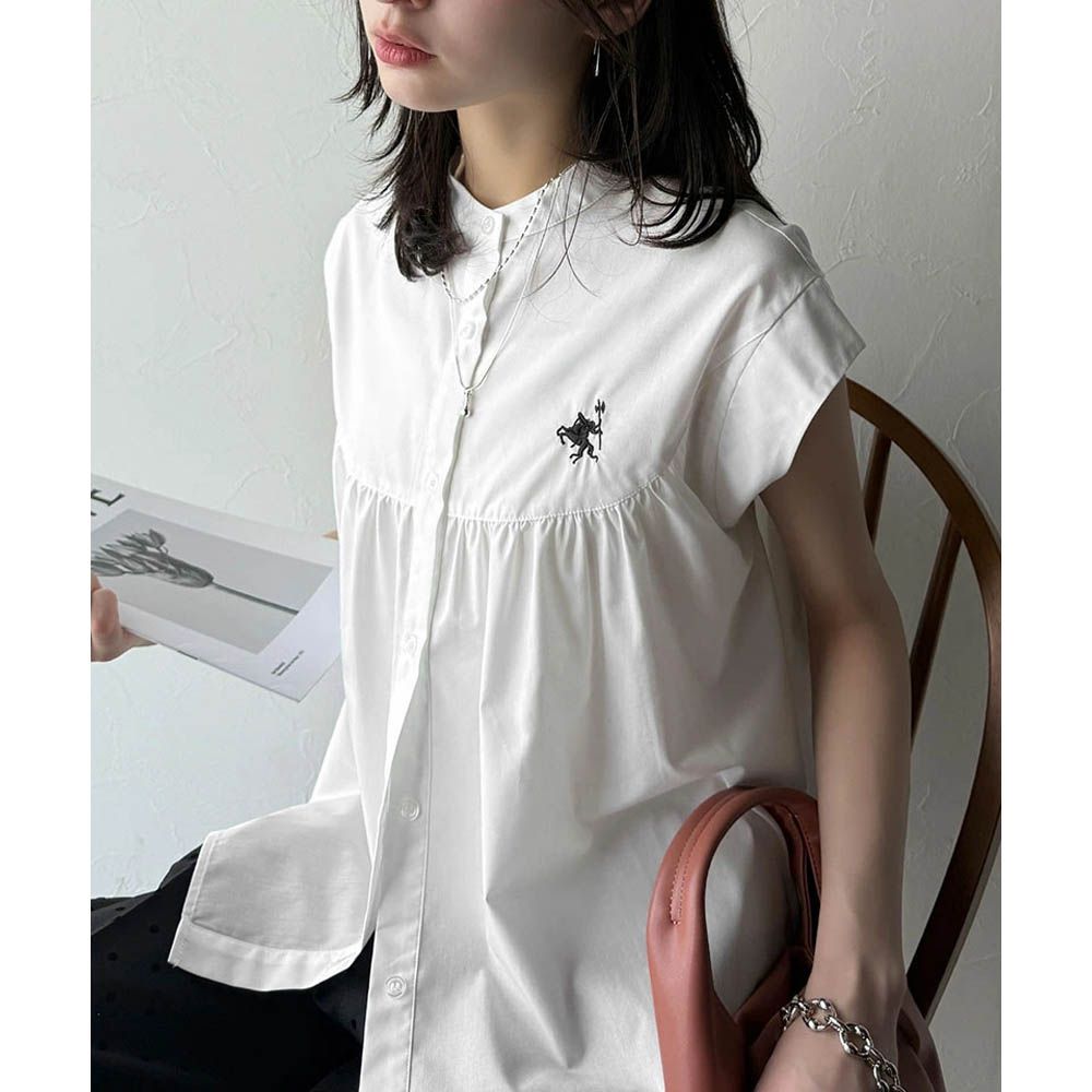 刺繡logo成熟俐落法式袖襯衫-白