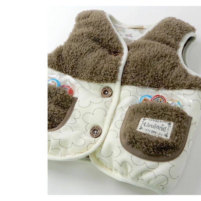 日本 ZOOLAND - 拼接保暖鋪棉背心-線條小花-褐X米