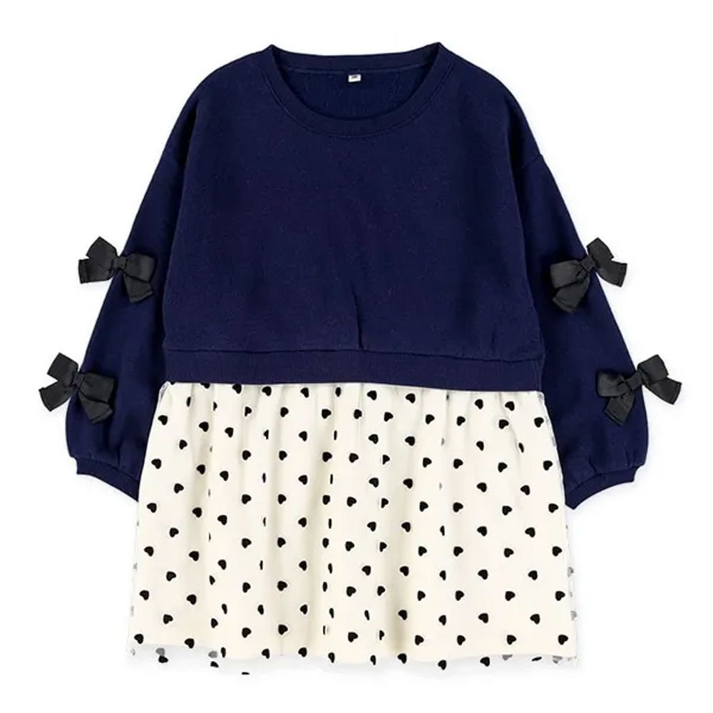 氣質蝴蝶結愛心拼接裏起毛長袖洋裝-海軍藍