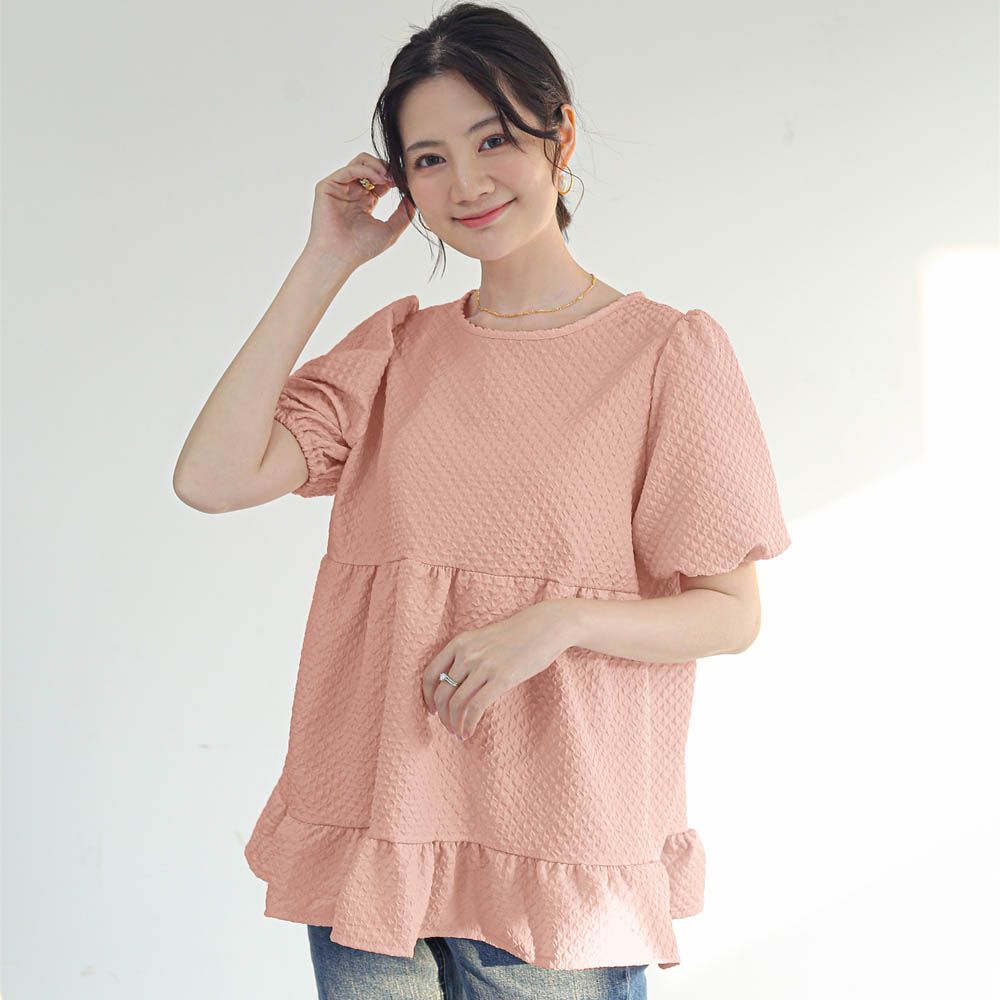 甜美減齡荷葉邊泡泡袖上衣-粉橘