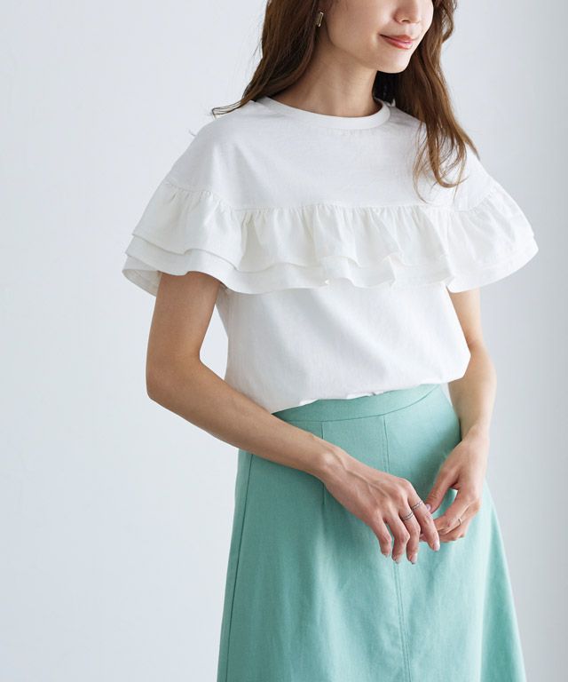 日本 Pierrot - 甜美氣質荷葉滾邊短袖上衣-磚紅橘