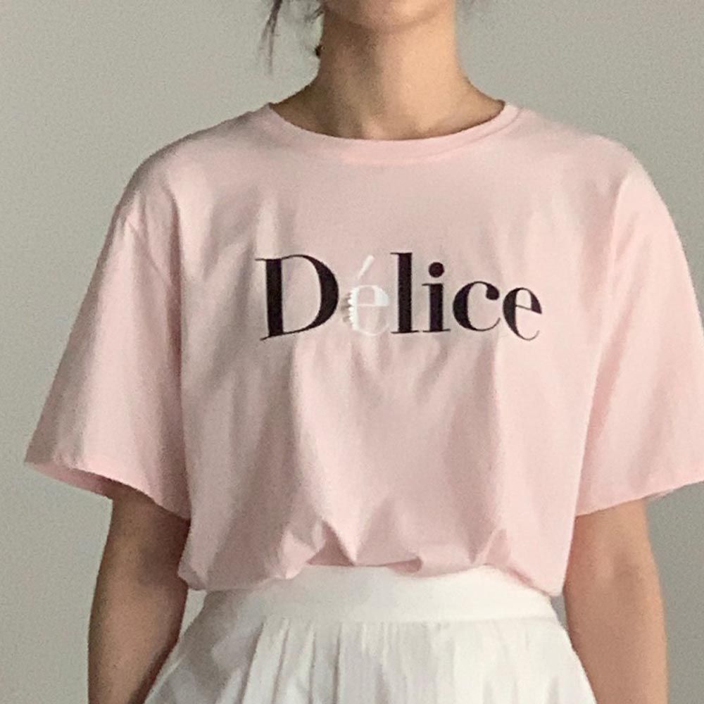 韓國女裝連線 - Delice字印短袖上衣-粉紅 (FREE)