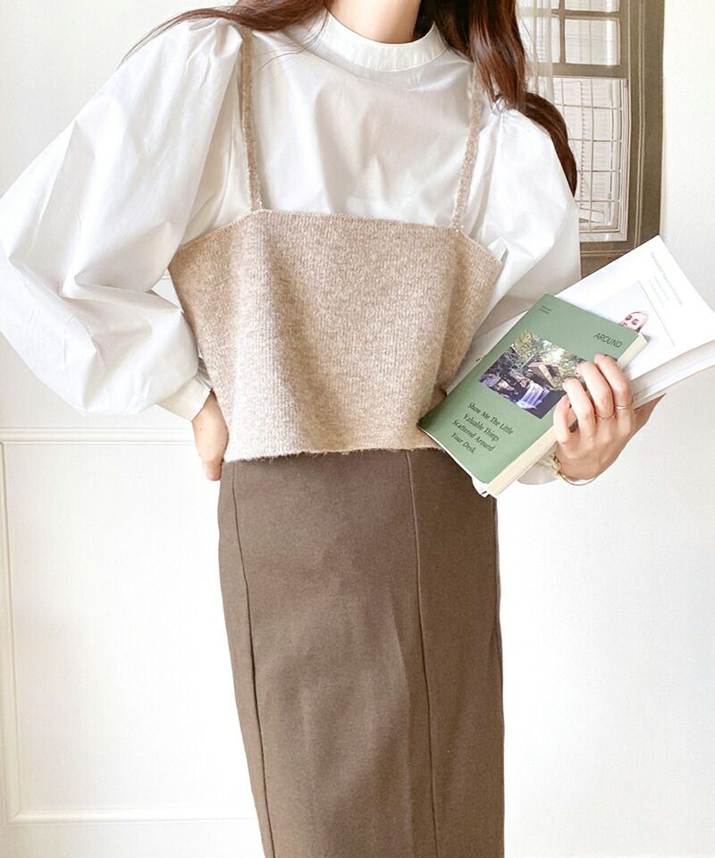 日本 Classical Elf - 二件式針織修身長版上衣+細肩背心-可可卡其