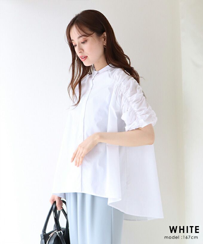 日本 BLUE EAST - 優雅小立領抓皺五分袖襯衫-水藍