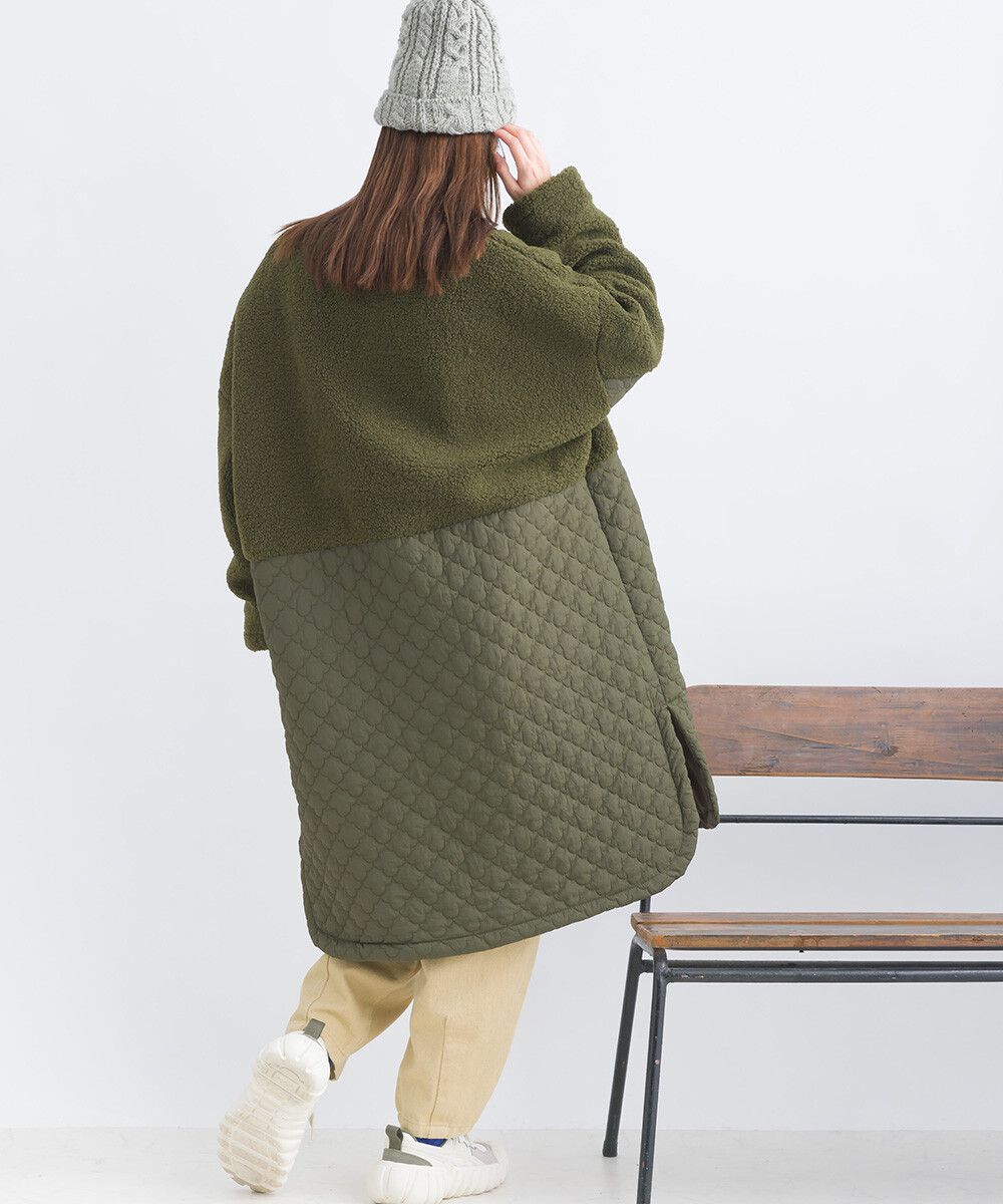 日本女裝代購 - 毛茸雲朵絎縫拼接長版鋪棉外套-軍綠