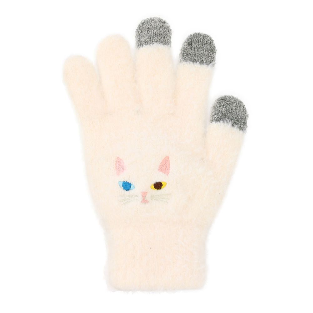 日本 TOMO - (大人)可觸控可愛動物毛絨保暖手套-異眼貓-米白