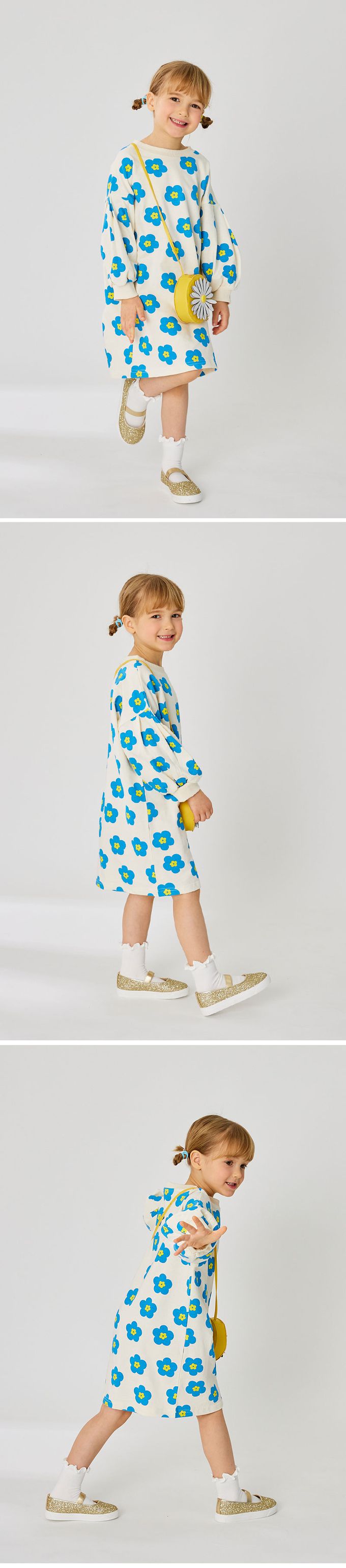 韓國 OZKIZ - (附包包)滿版藍花印長袖連身洋裝-米