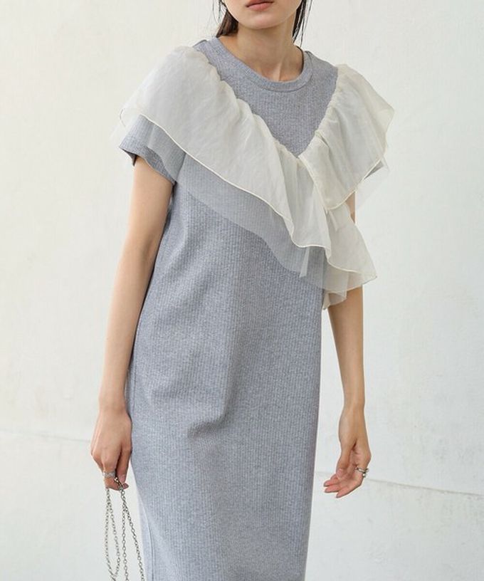 日本 Bab - 不對稱交叉薄紗拼接短袖洋裝-象牙