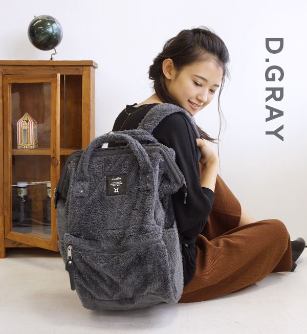 日本 Anello - 大開口毛毛後揹包-Regular大尺寸-IV米白