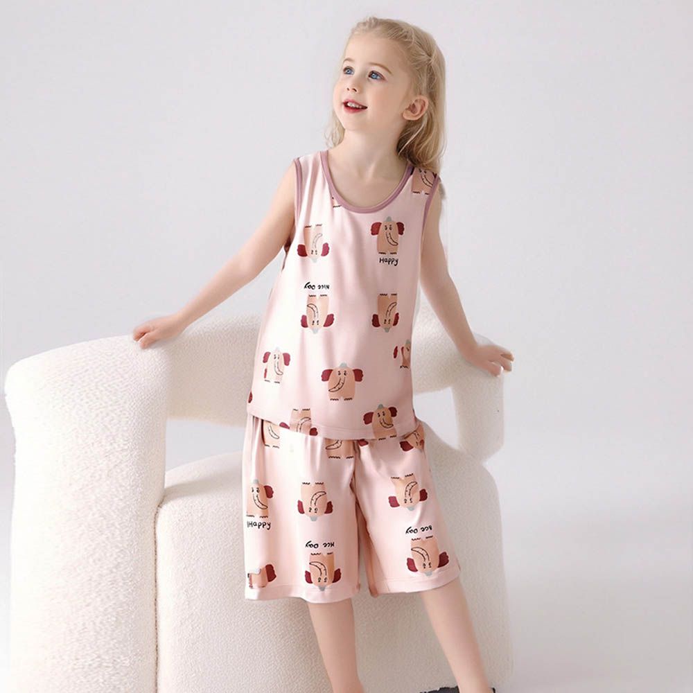 涼感莫代爾無袖套裝/家居服-滿版大象-粉色