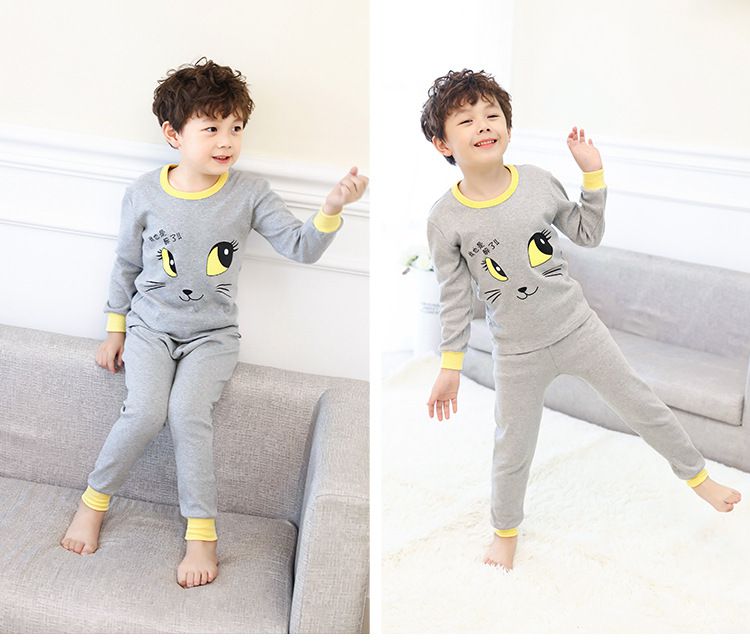 純棉兒童長袖家居服套裝-問號貓貓-橘紅+灰