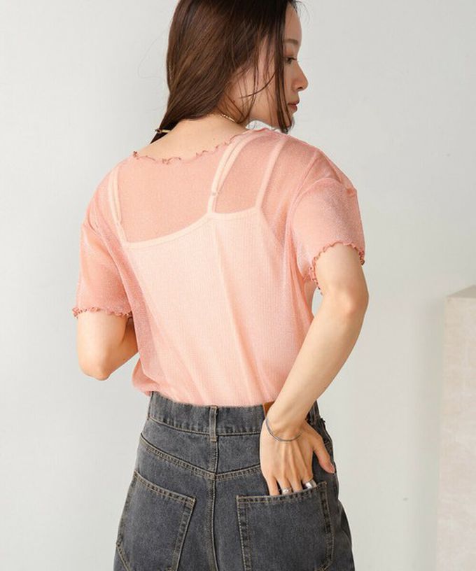 日本 Bab - 華麗微亮透明木耳短袖上衣-(無內裡)-粉紅