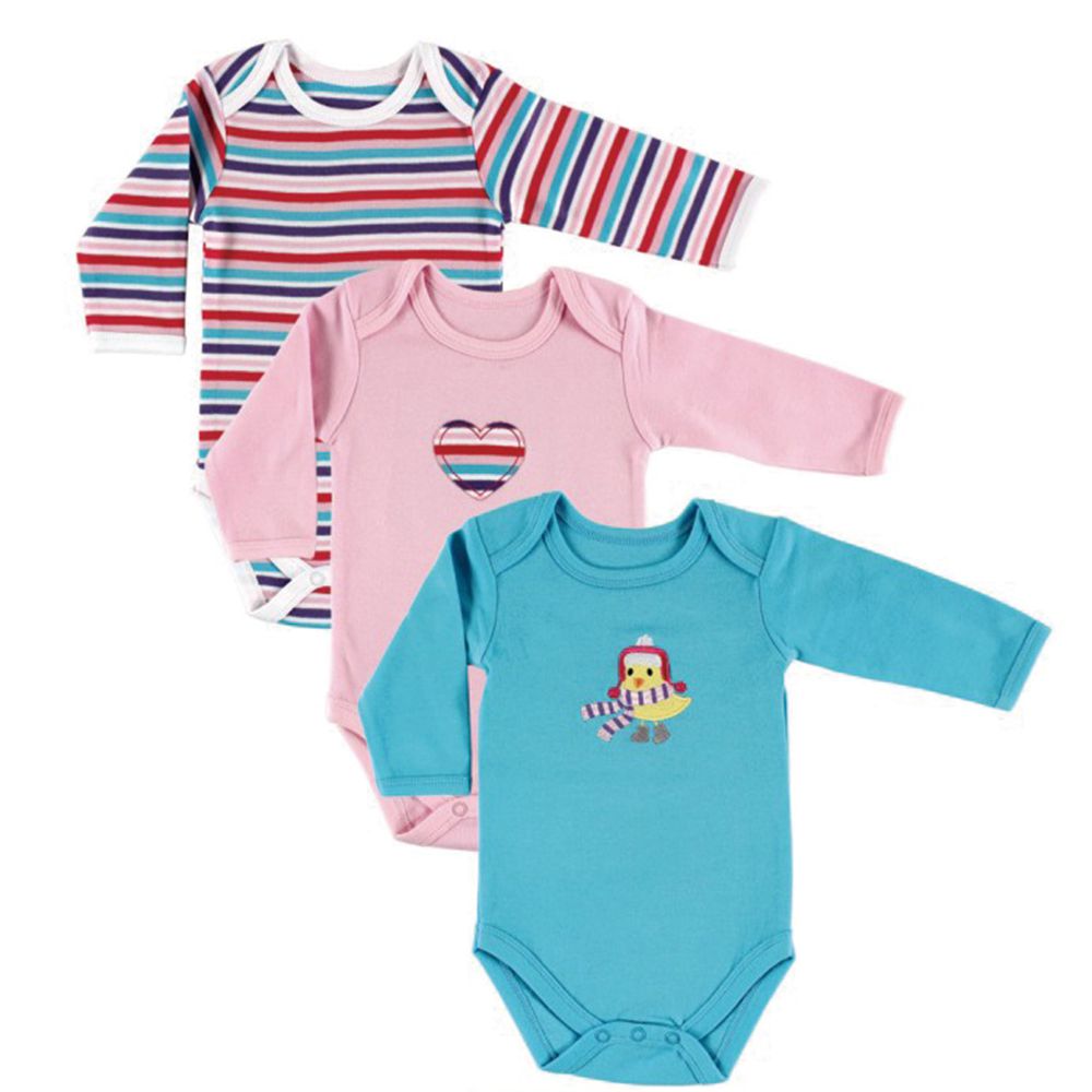 美國 Luvable Friends - 甜蜜寶貝嬰幼兒100%純棉長袖包屁衣3件組-黃色小雞