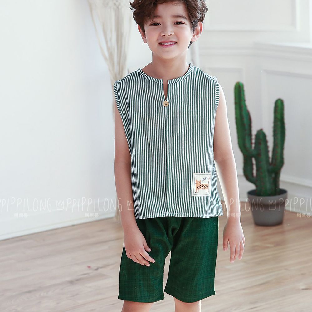 韓國 Ppippilong - 棉混紡涼感套裝-綠色直條紋