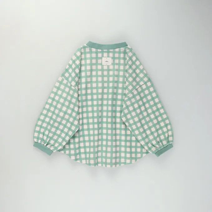 日本 BRANSHES - 圓弧下擺舒適縮口長袖上衣-格子-薄荷綠