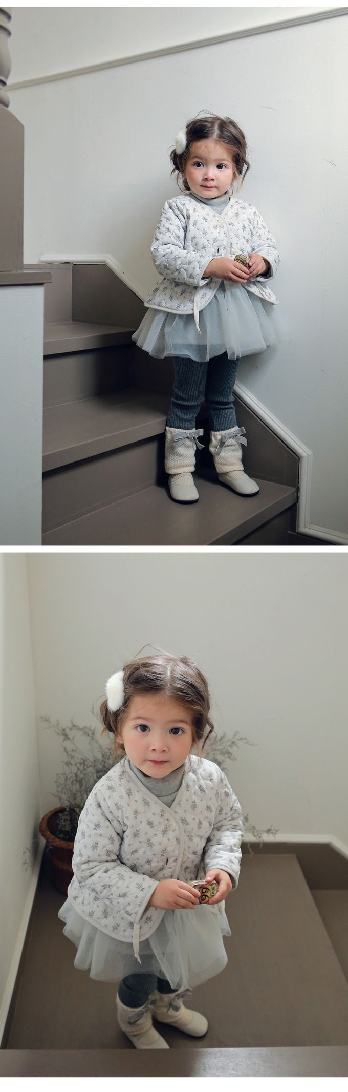 韓國 Puellaflo - 小花無領鋪棉綁帶絎縫外套-白灰