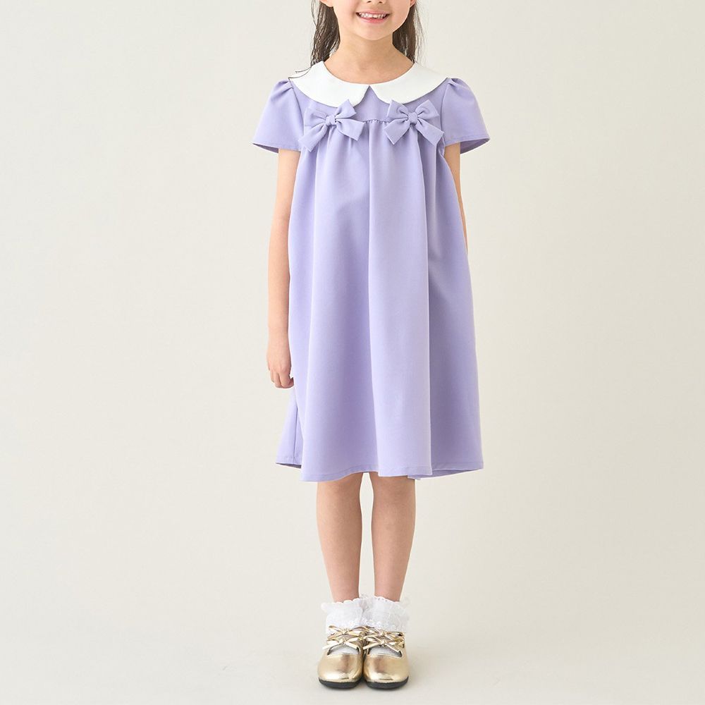 優雅正式感圓領胸前緞帶短袖洋裝-薰衣草