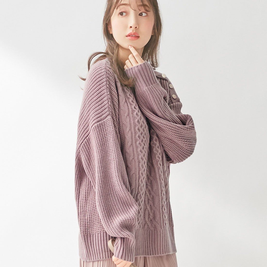 日本 BELLUNA - 金釦裝飾麻花編織毛衣-深藍