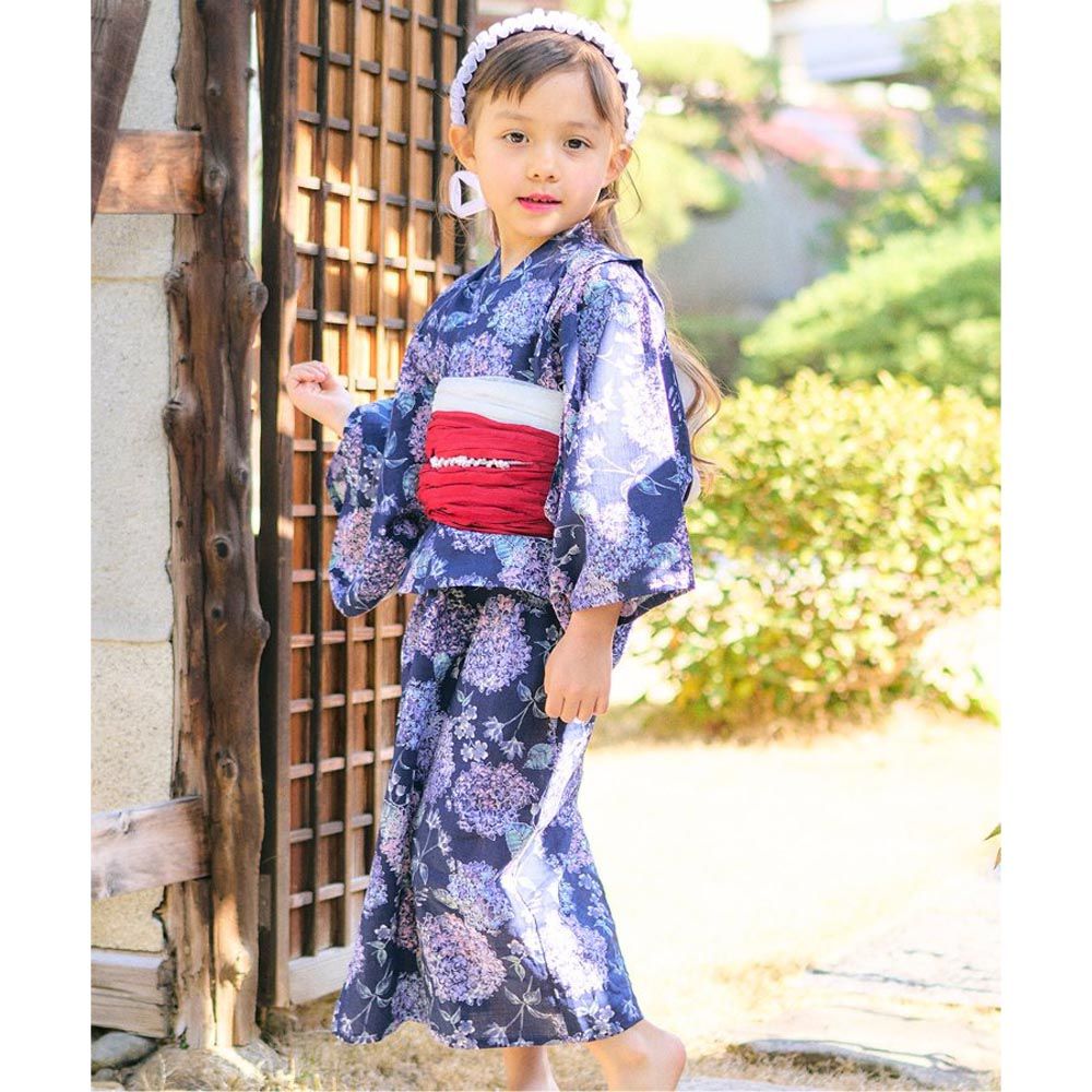 日本 apres les cours - [限量]可當洋裝二件式純棉浴衣-繡球花-海軍藍