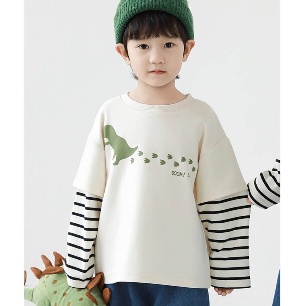 圓領假兩件長袖上衣-恐龍腳印-米色