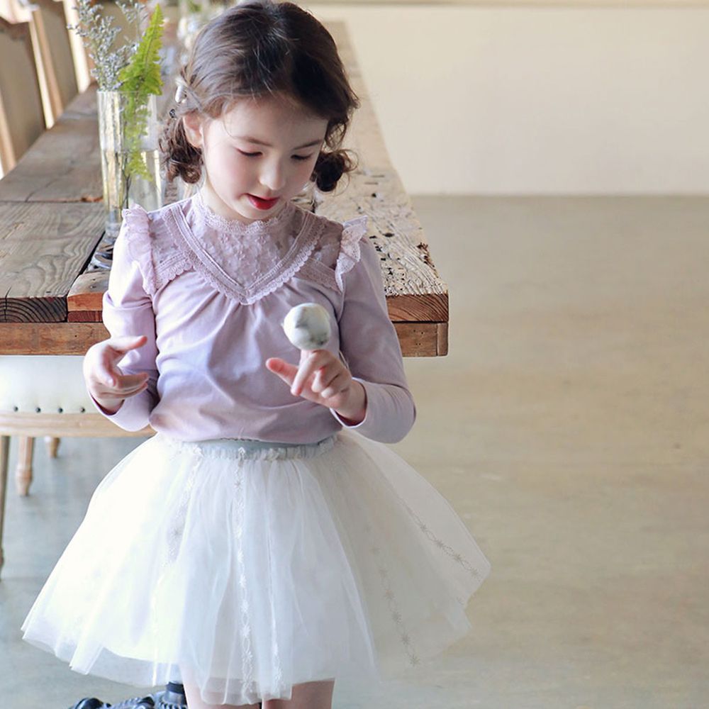 韓國 PuellaFLO - (現省50元)蕾絲滾邊V字上衣+花圈辮子網紗裙-藕粉上衣X米白紗裙