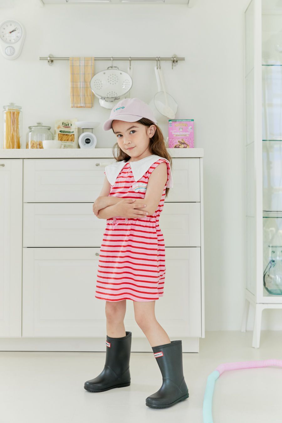 韓國 MINIATURE - 氣質翻領縮腰橫紋洋裝-粉紅