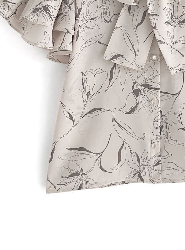 日本 GRL - 花朵線條蝴蝶結雪紡短袖上衣-簡約黑