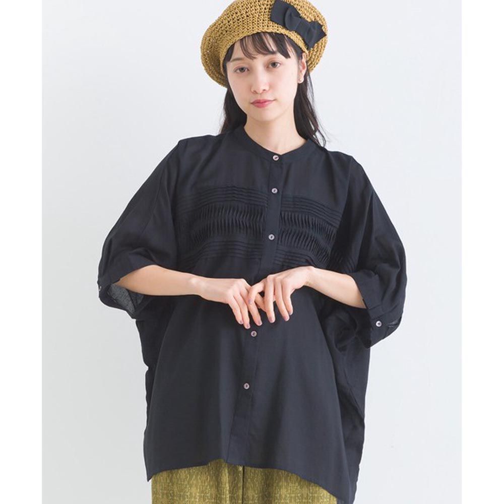 日本 Lupilien - 100%印度棉 細摺透感五分袖襯衫-黑色