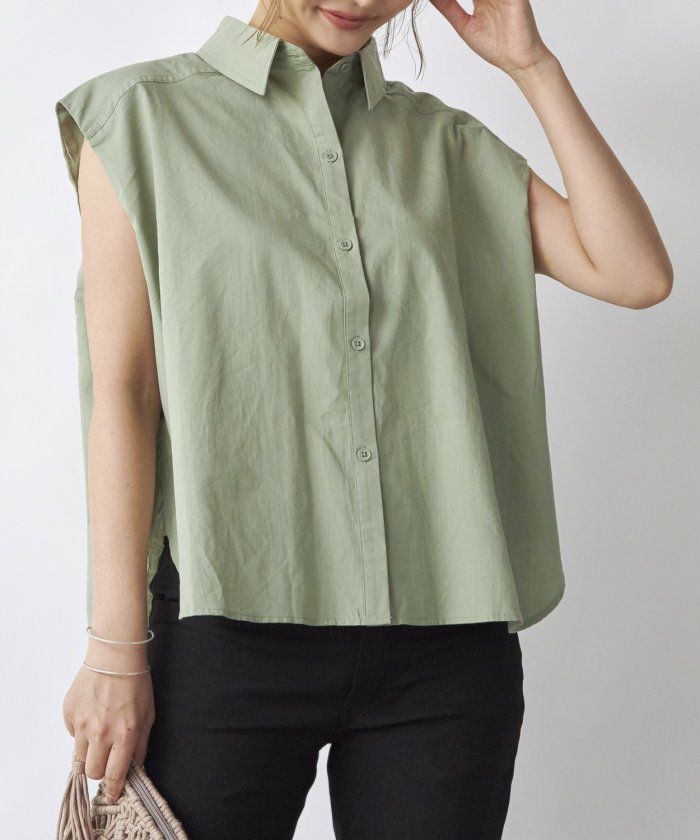 日本 Rejoule - 率性修身前短後長無袖襯衫-綠 (M(Free size))