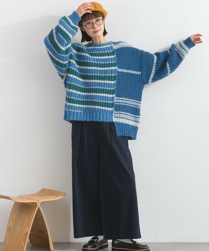 日本 Lupilien - 交錯明亮撞色條紋粗編毛衣-棕色系