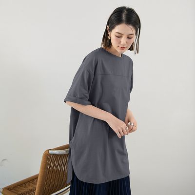 Yukié - 圓領休閒側開衩長版上衣-深灰 (F)
