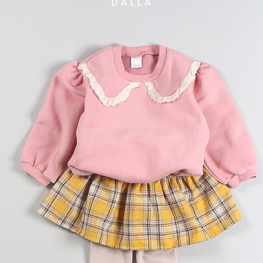 韓國 Dalla - (裏起毛)蕾絲滾邊領泡泡袖T-粉紅