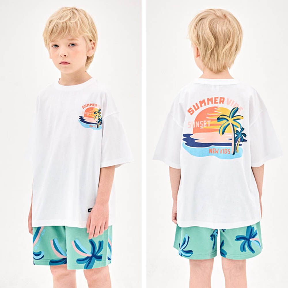 夏日夕陽印短袖套裝-白X湖水綠