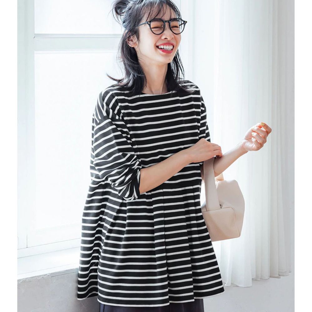 日本 COCA - 橫條紋縮腰傘狀長袖上衣-黑底白條