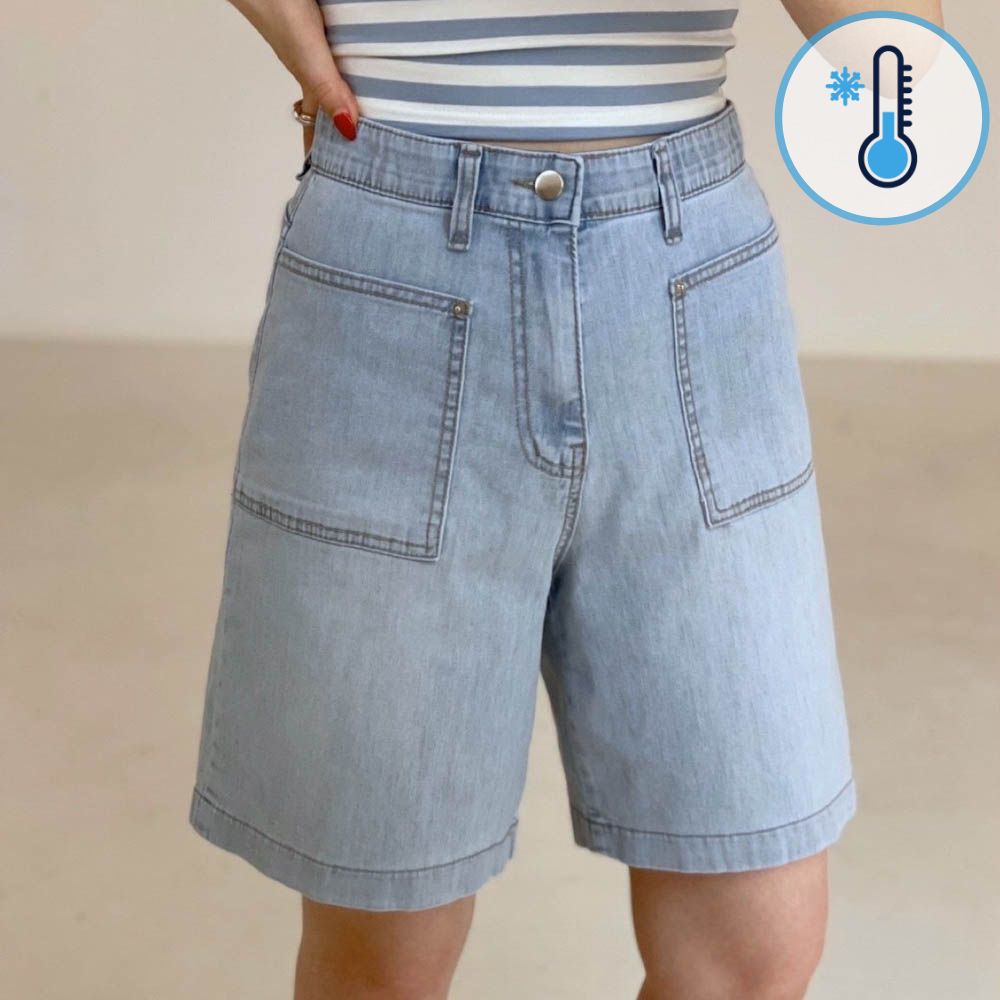 (涼感機能)鬆緊腰大口袋丹寧短褲-淺藍