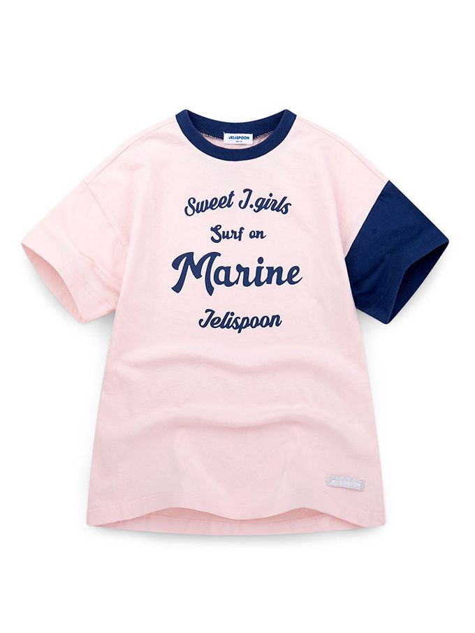 韓國 Jelispoon - 美式撞色袖長版落肩上衣-淡粉X深藍