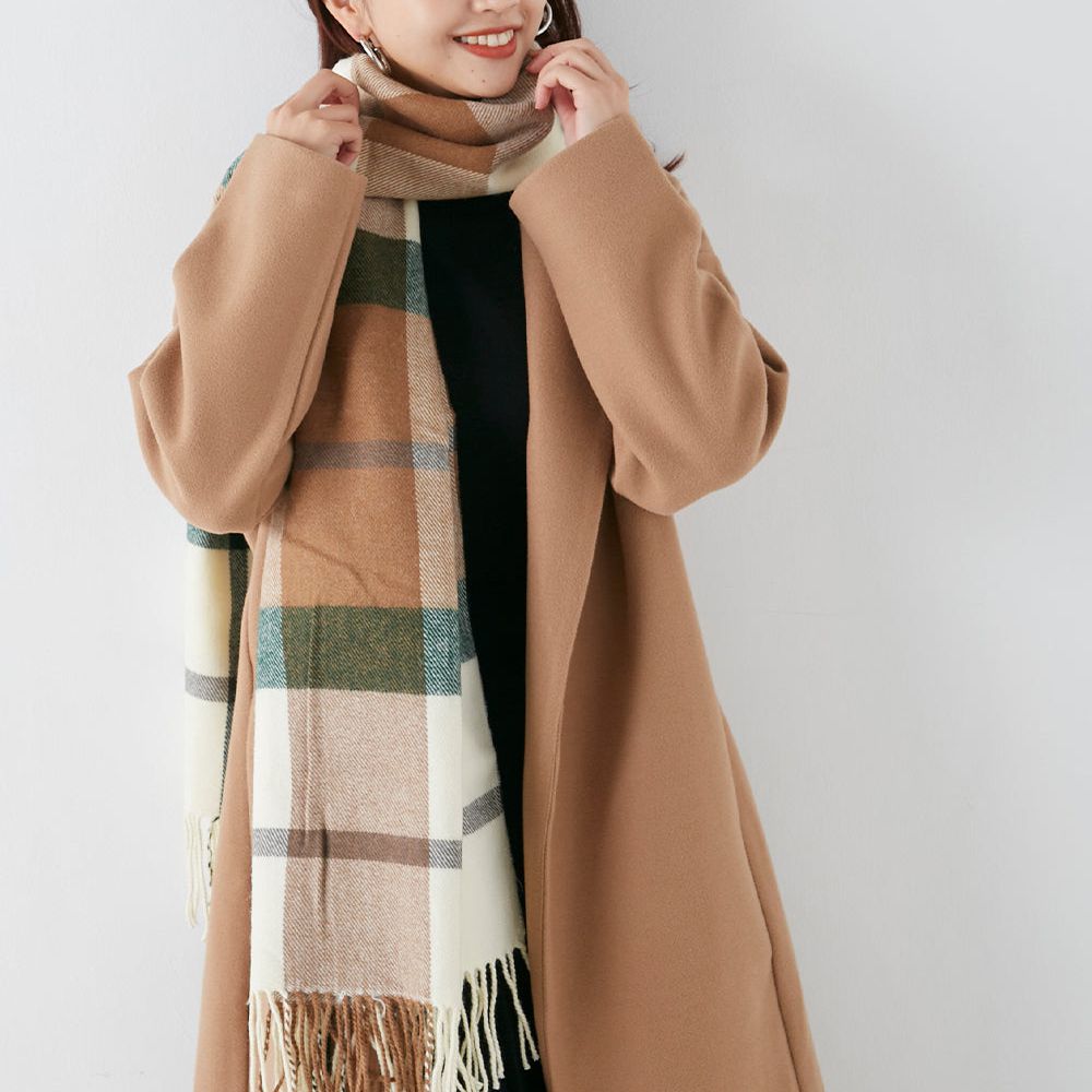 羊毛混紡經典格紋圍巾披肩-G(摩卡x綠白)