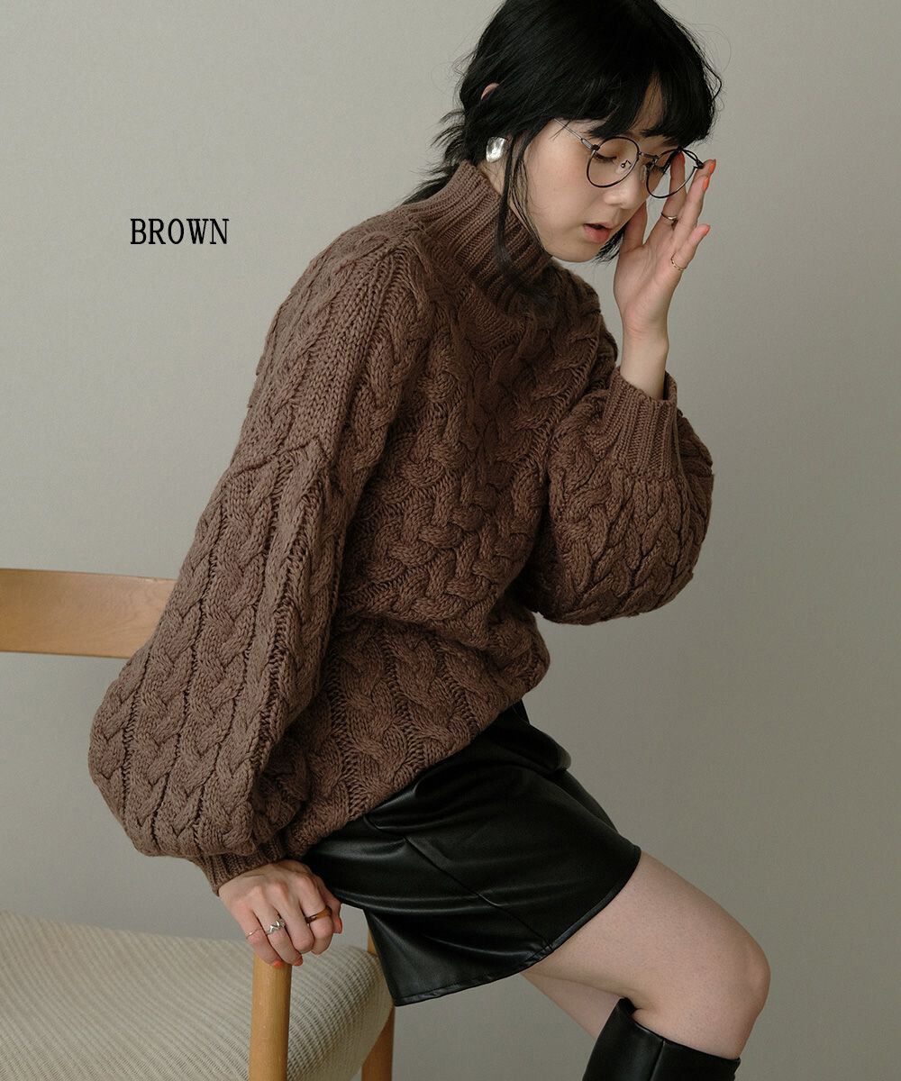 日本 Bou Jeloud - 粗針織高領澎澎袖針織毛衣-磚橘