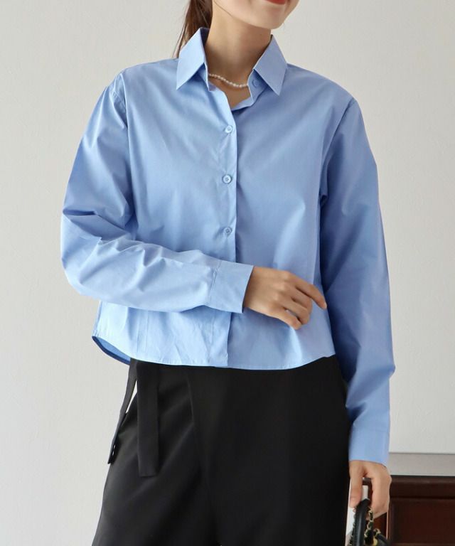 日本 BLUE EAST - 俐落短版翻領長袖襯衫-黑