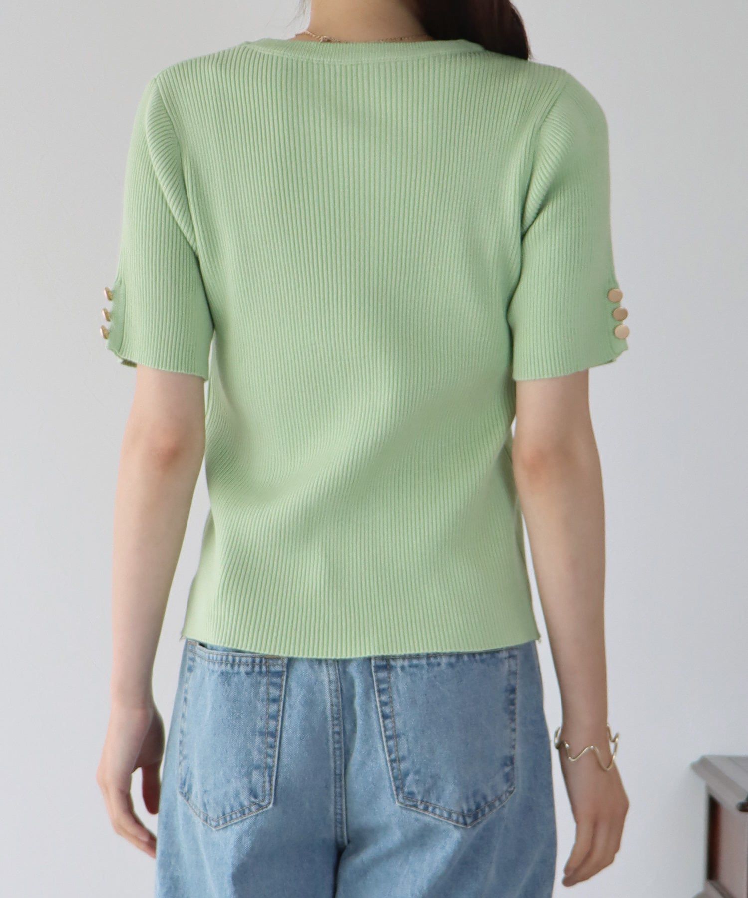 日本 BLUE EAST - 圓領金釦羅紋短袖上衣-白