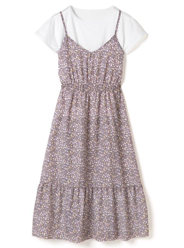 日本 GRL - 短袖上衣x浪漫碎花收腰吊帶裙2件組-丁香紫 (M)