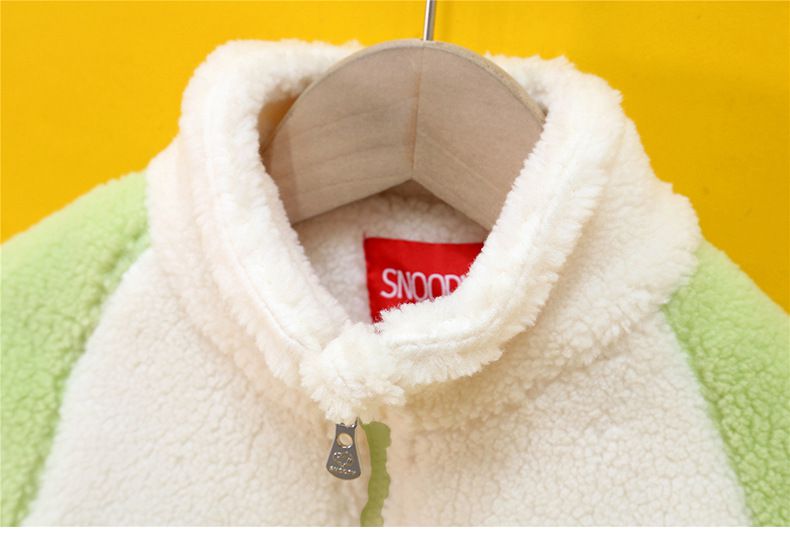 卡通人物史努比羊羔絨半高領拼色外套-SNOOPY刺繡-橘色