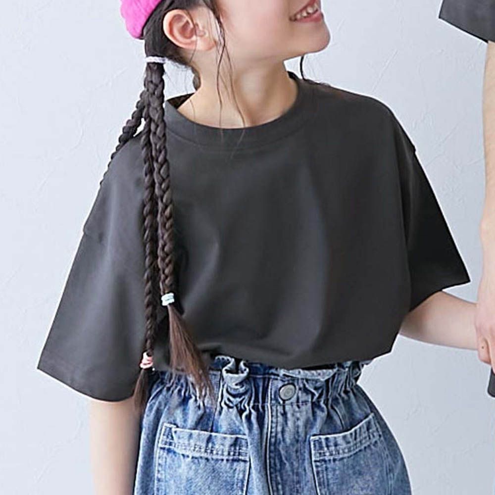 接觸涼感 落肩廓形素色短袖上衣-灰黑